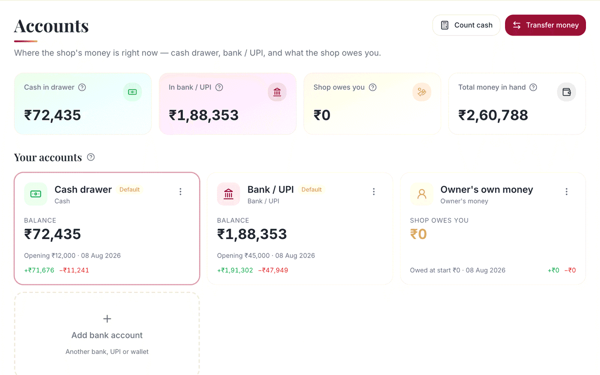 Cash and bank accounts: screenshot