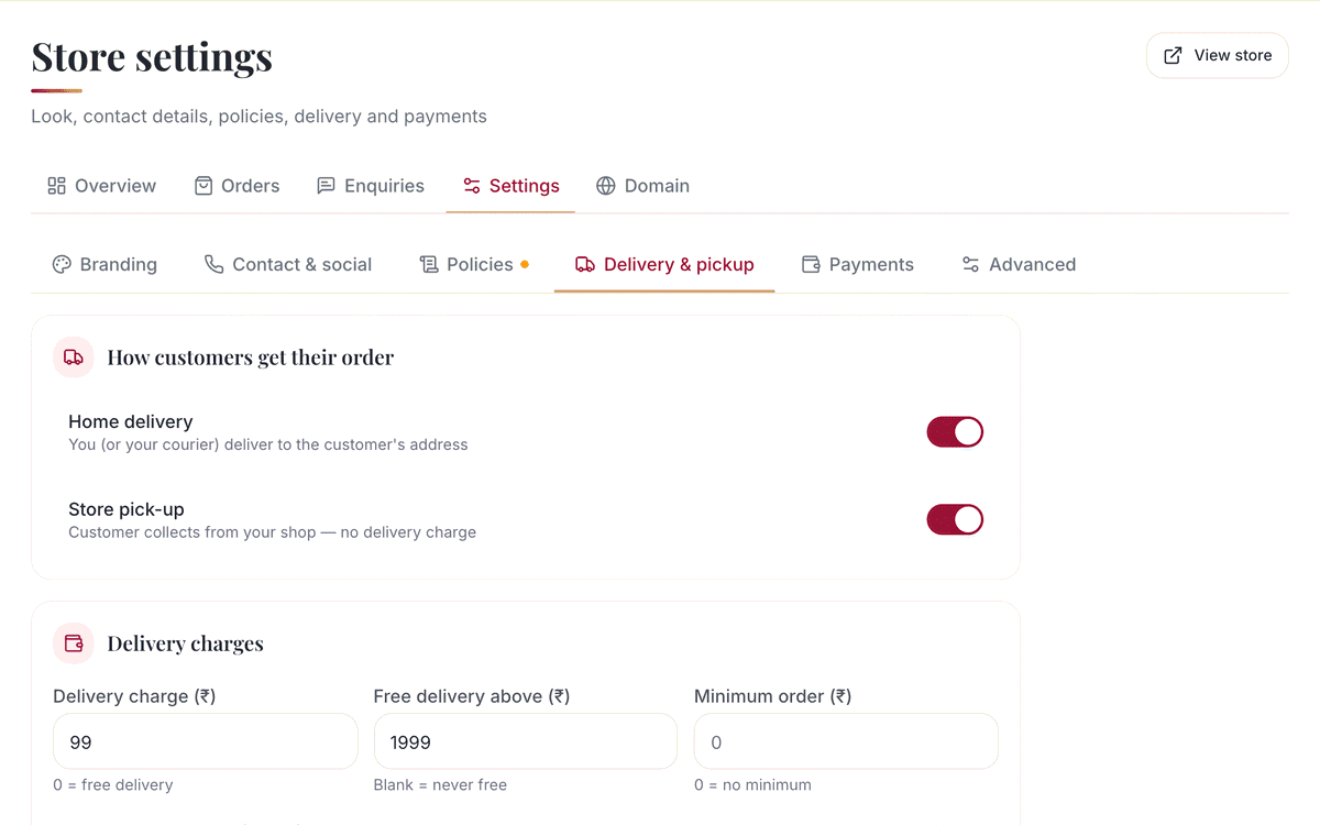 Delivery, COD or pickup: screenshot