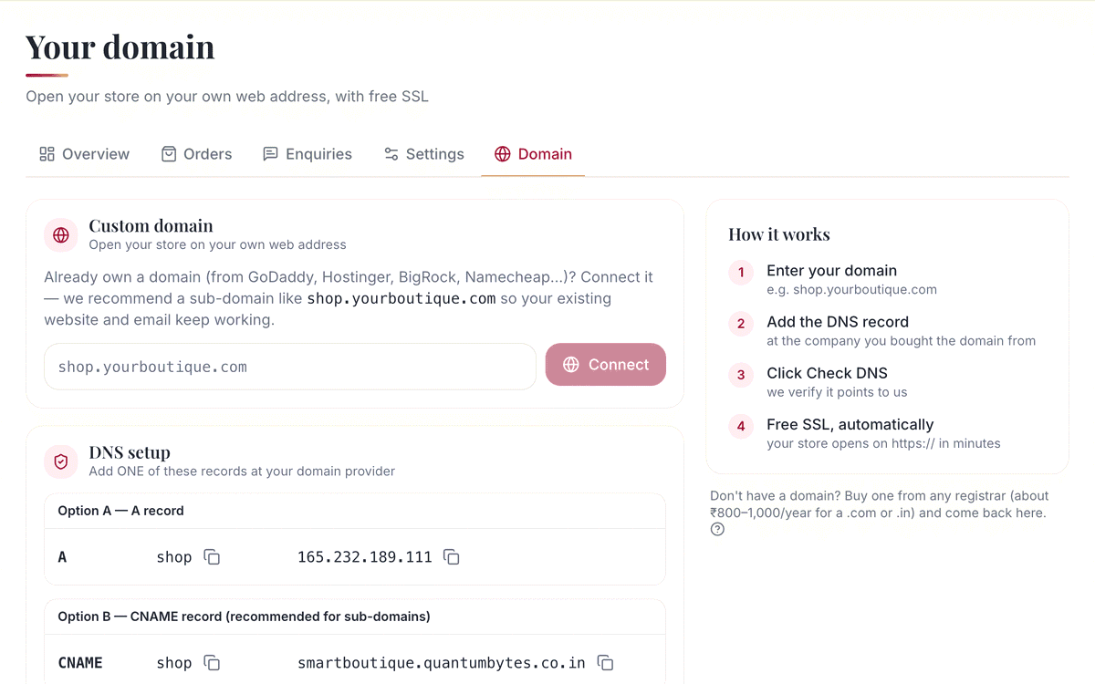 Your own domain: screenshot
