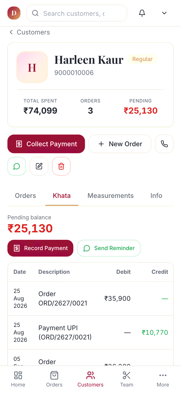 Customer khata with balance and payments on a phone