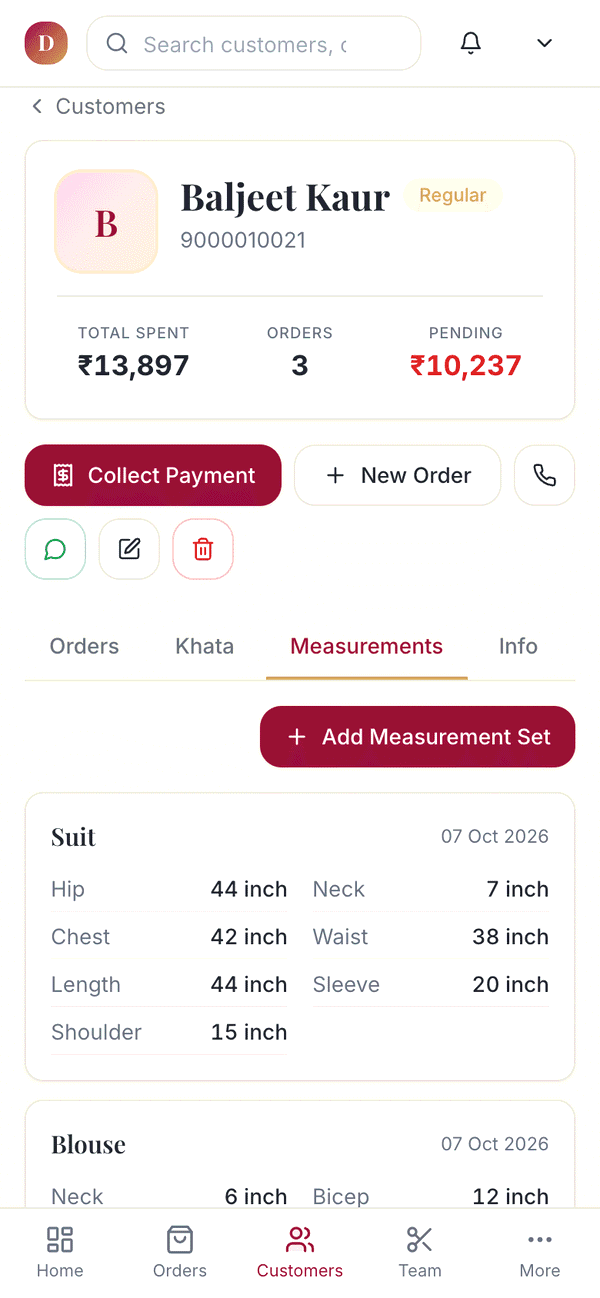 A customer's saved Suit measurements on a phone