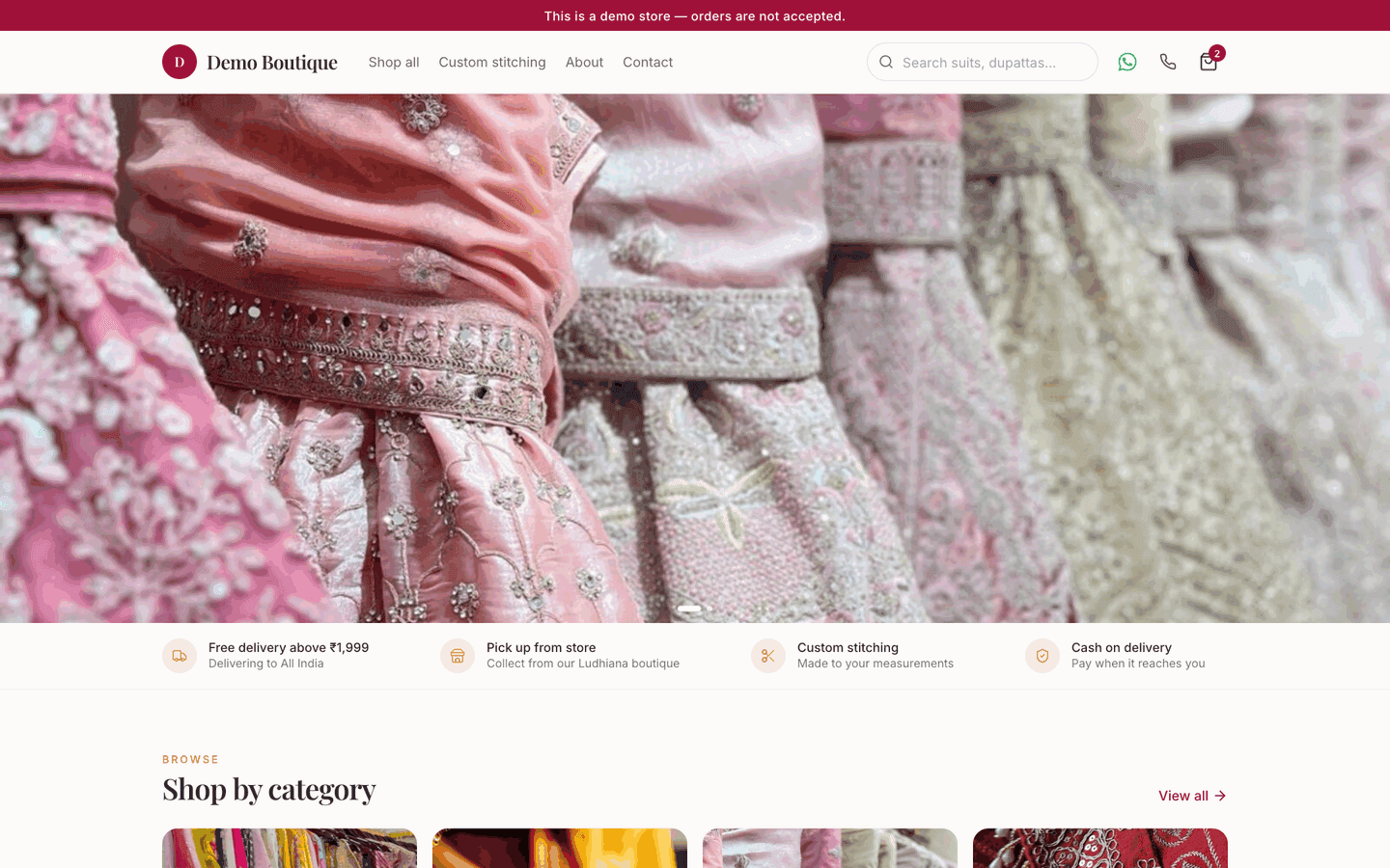 A boutique's online store home page