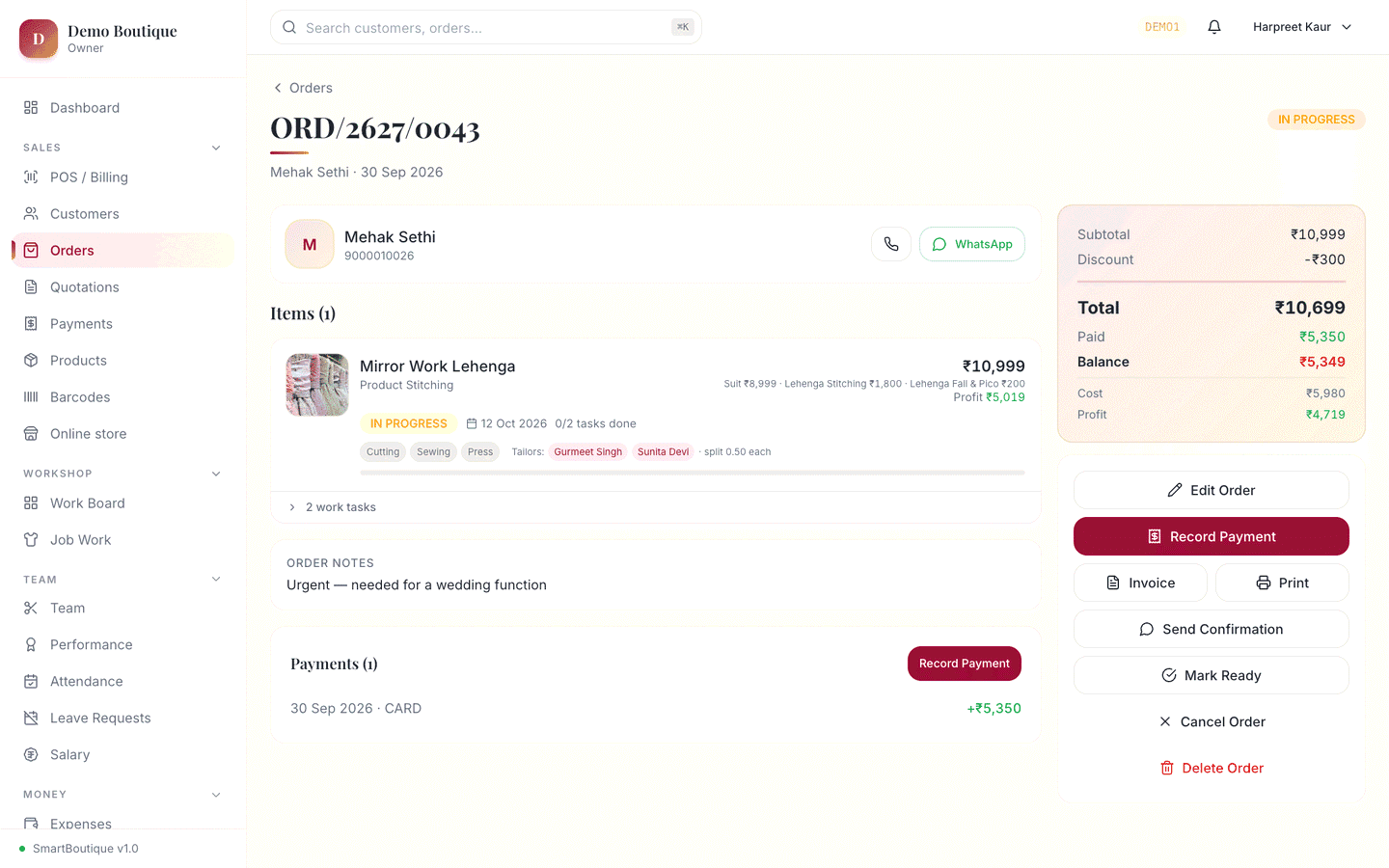 A stitching order with items, due date and tailor progress