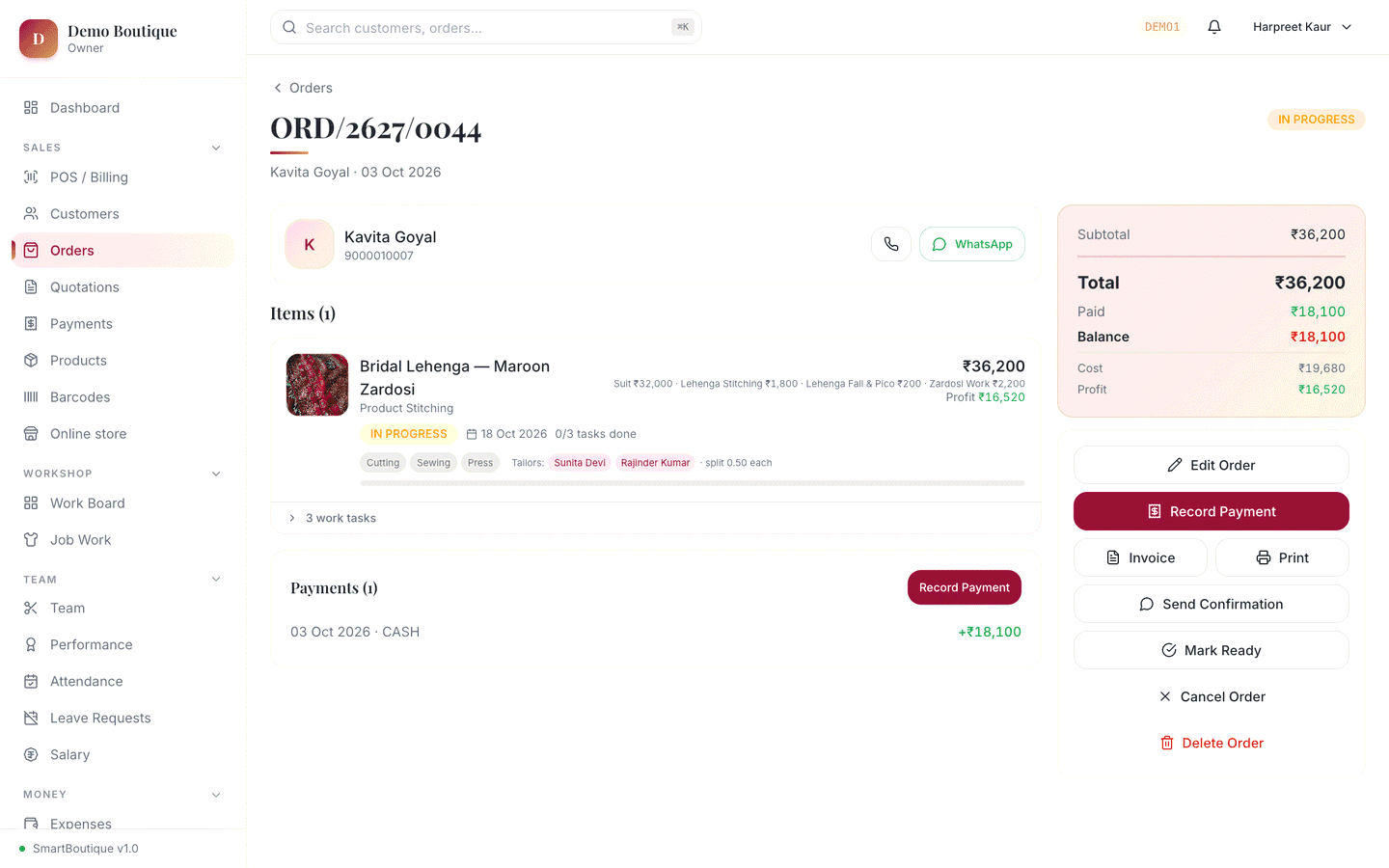 A stitching order with items, due date, karigar and payment