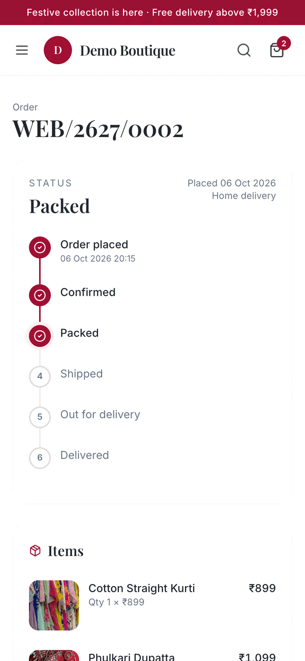 Order tracking page with status steps