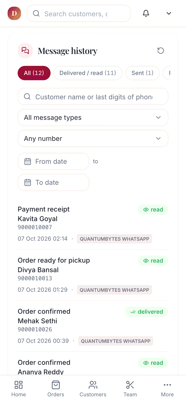 List of automatic WhatsApp messages sent to customers
