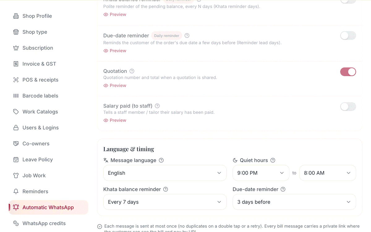 Polite balance reminders: screenshot