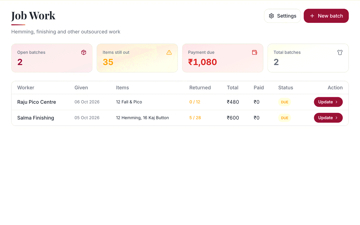 Job work for outside karigars: screenshot