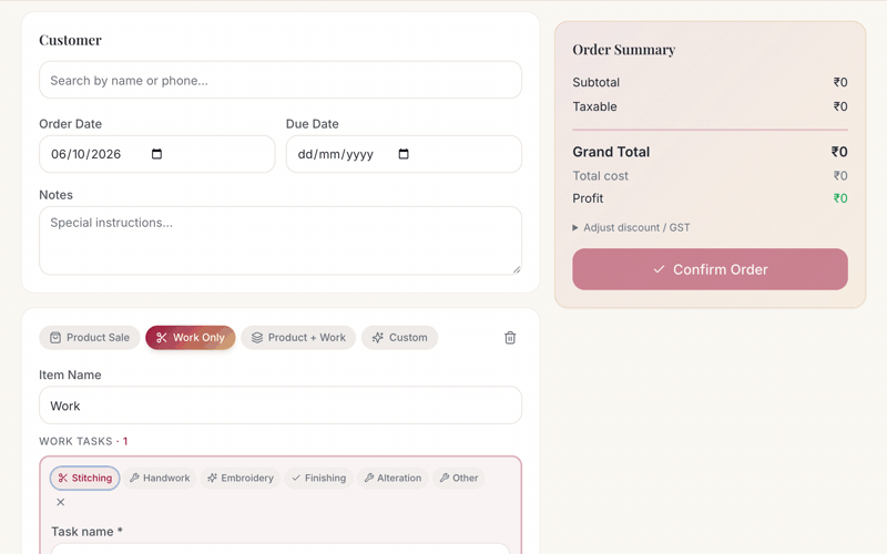 Creating a stitching order, assigning a karigar and marking it ready